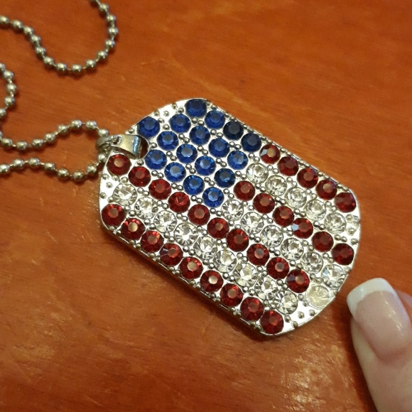 TWO USA American FLAG Dog Tags Pendant Silver Necklaces jewelry Red White Blue - Picture 8 of 8